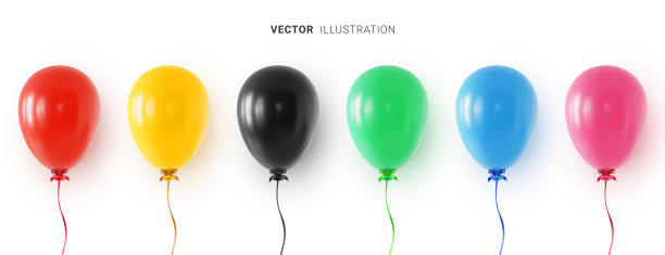 一套彩色氦气球与蝴蝶结和彩色丝带。现实的3d矢量插图在白色背景图片下载