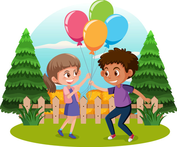 男孩和女孩站着举着气球图片下载