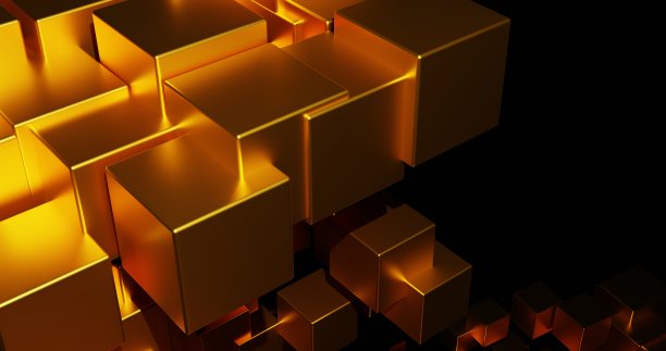 未来的金色和黑色方块挤压抽象背景，3d渲染图片下载