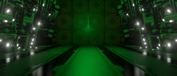 未来工业异形机库隧道未来走廊赛博朋克反乌托邦绿色背景壁纸3D渲染图片下载