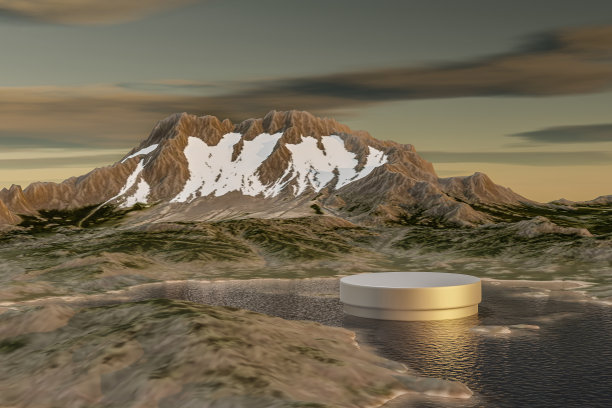 3D渲染，平台和自然平台上的湖背景雪山与天空和云，产品展示和展示景观场景背景图片下载