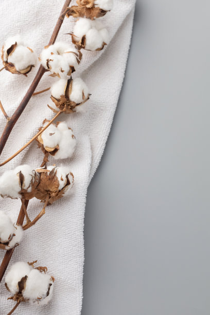 白色的毛巾布和一根棉花在灰色的背景图片下载