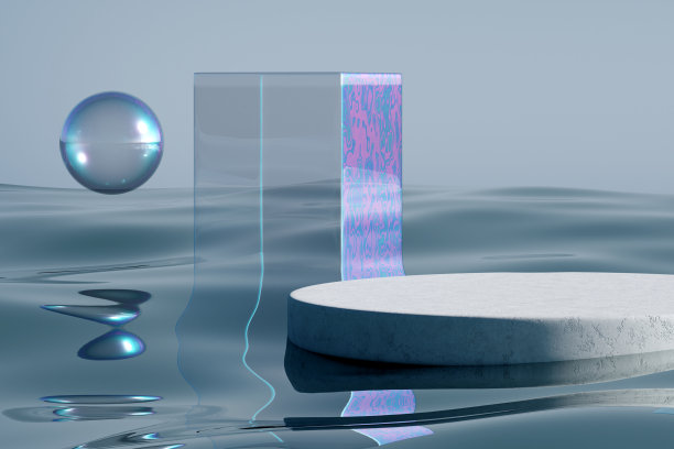 蓝色水玻璃背景上的石质讲台。图片下载