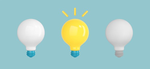一套电灯。3d渲染白色和黄色灯泡。创意理念、解决方案、商业、战略、电子图标。向量的卡通插图图片下载