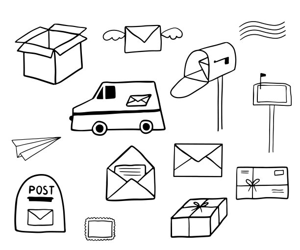 手绘涂鸦邮件或快递。开信箱带信、信箱和车。一套邮政元素图片下载