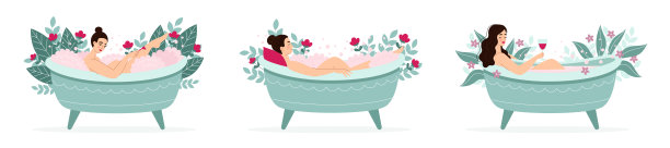 一套美丽的黑发女人在浴缸与粉红色泡沫和鲜花。放松，水疗，身体护理。女孩刮腿毛。矢量插图在卡通平面风格。图片下载