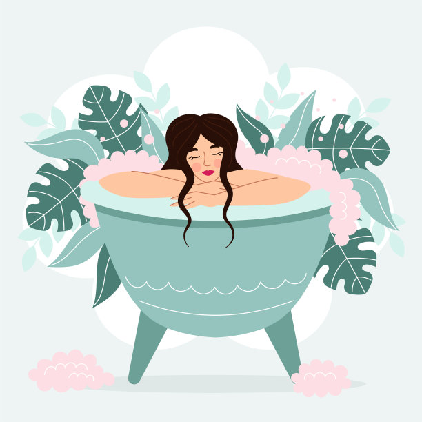 漂亮的黑发女人在浴缸里泡着粉红色泡沫。放松，水疗，身体护理。矢量插图在卡通平面风格。图片下载