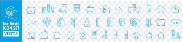 简单的建筑和房屋线条图标设置图片下载