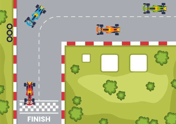 方程式赛车运动汽车到达比赛线路的终点线卡通插图赢得冠军在平面风格的设计图片下载