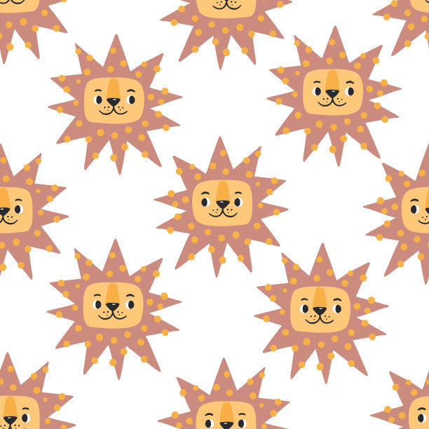 可爱的狮子无缝图案。手绘矢量插图的海报，卡片，t恤，织物，包裹，纺织品，墙纸和服装的纹理。孩子气的背景加上动物的脸图片下载