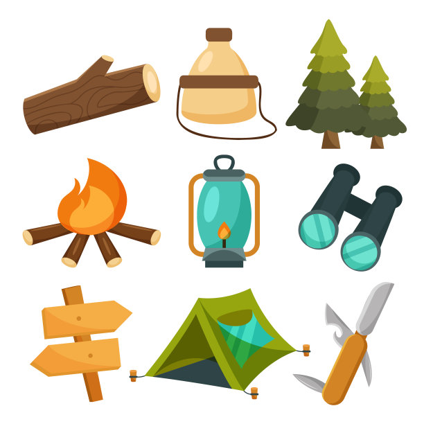 集元素露营旅游器材及旅游配件向量集图片下载