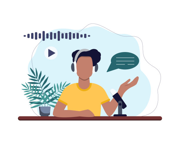 播客概念。与观众交谈的男人。广播正在播放。图片下载