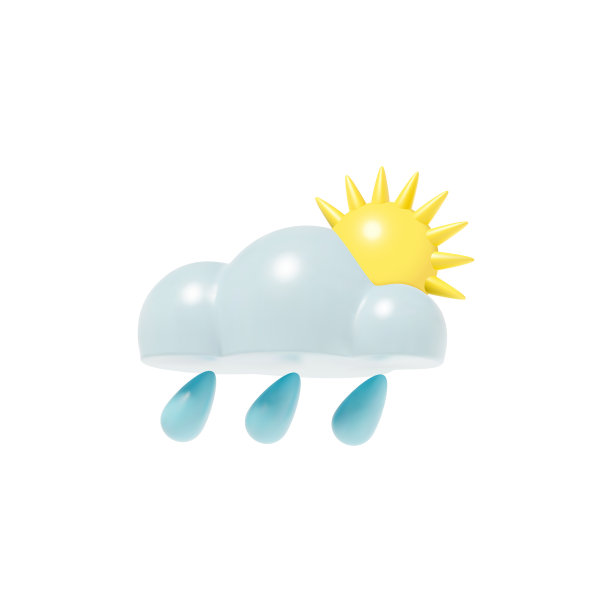 矢量3D现实立体蓝色云与三个水滴和黄色的太阳。渲染的图标与晴雨天气预报图片下载