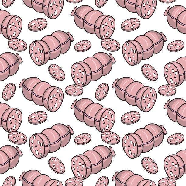 美味的粉色水煮香肠，猪油片，无缝的方形图案图片下载
