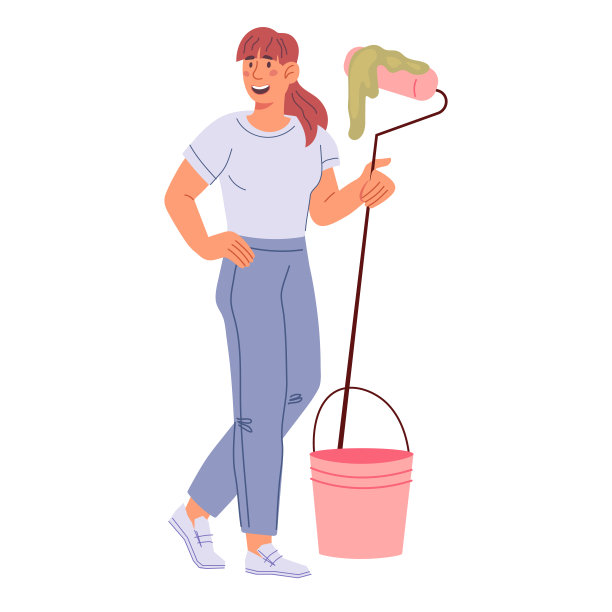 家庭装修服务油漆工用油漆和滚筒，平面卡通矢量。图片下载