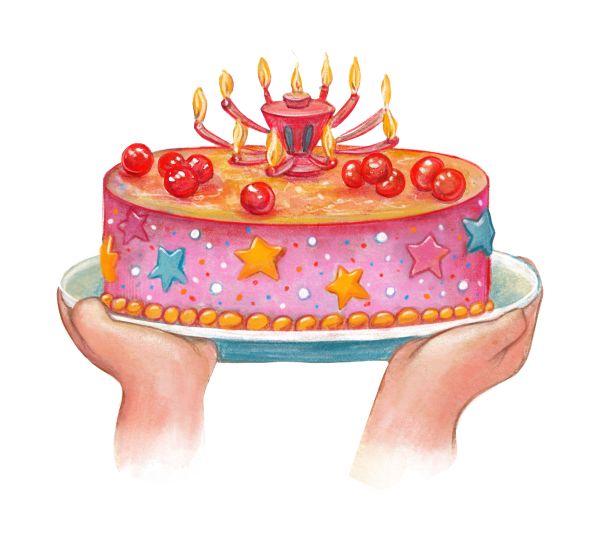 水彩插图。手里拿着五颜六色的儿童蛋糕。图片下载