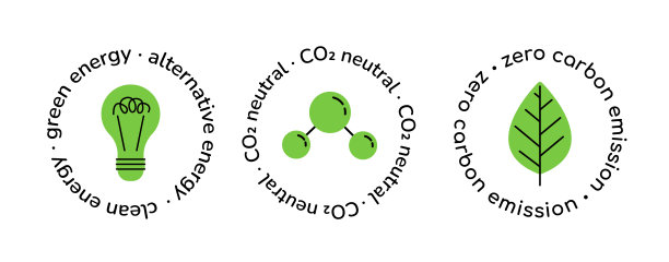 绿色替代能源，可再生能源橡皮图章图标集孤立于白色。绿色环保标签零碳排放、二氧化碳中性、温室气体减排的技术理念。图片下载