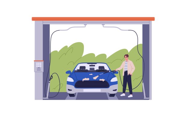 洗车工人，干净的自助服务。在清洗台用水，泡沫，软管清洗汽车。司机带着水管在洗车场。平面图形矢量插图孤立在白色背景图片下载