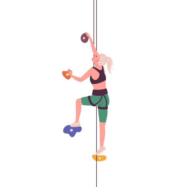 攀登岩壁的女登山者。抱石公园内，悬挂安全绳索攀爬，在假山崖上抓石头。平面矢量插图孤立在白色背景上图片下载