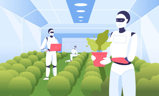 卡通机器人在智能温室里种植植物图片下载