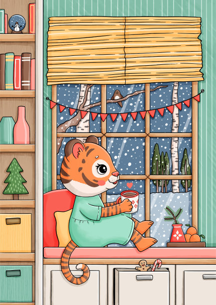 新年可爱的小女孩老虎坐在与冬季杯可可矢量插图图片下载