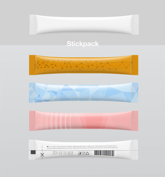 适用于食品、化妆品、制药等行业的逼真的棒装小袋模型。图片下载