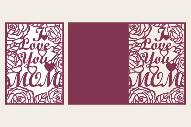 我爱你妈妈折叠卡激光切割模板剪纸玫瑰花，矢量。母亲节卡片。图片下载