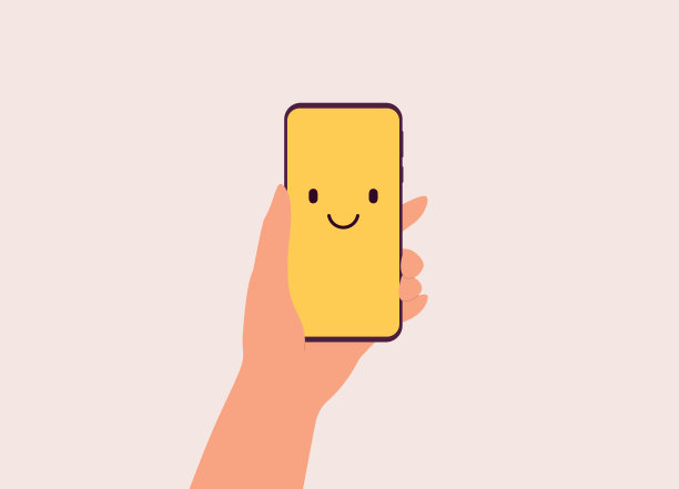 一个人的手拿着带有笑脸表情的手机。图片下载