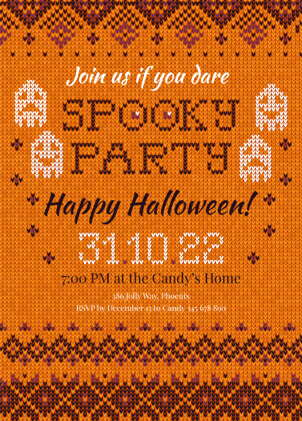 手工编织背景万圣节派对邀请斯堪的纳维亚装饰。白色，橙色，紫色。平的风格图片下载