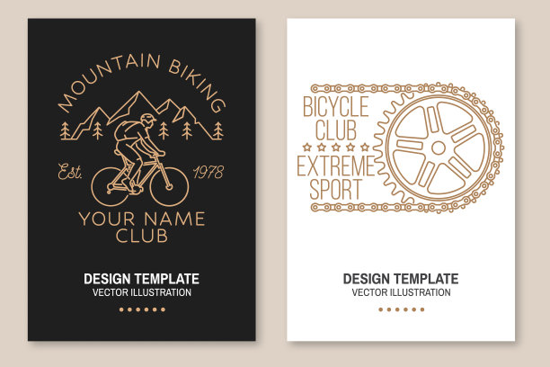 一套山地自行车传单，小册子，横幅，海报。矢量插图。概念衬衫或标志，打印，邮票或t恤。复古的线条艺术设计与男子骑自行车和山的轮廓。图片下载