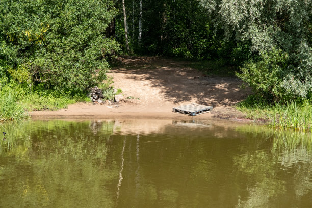 在一个阳光明媚的夏日，木托盘被堆放在森林里的河边。碧绿的海水，长满树木的海岸图片下载