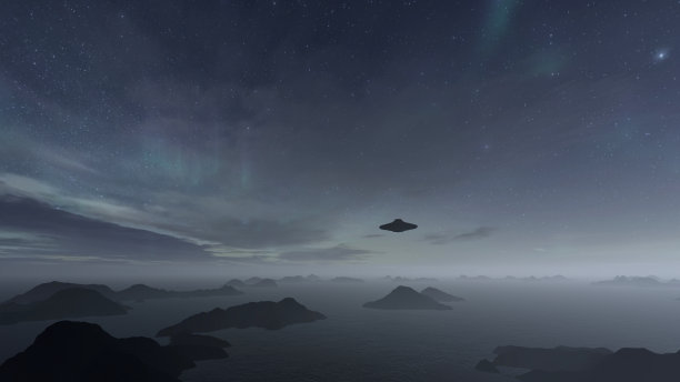 3 d演示。UFO在海上和山上图片下载