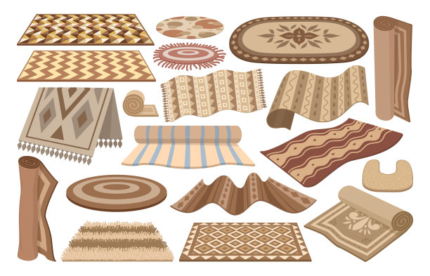 卡通羊毛地毯和客厅或浴室内部地毯。舒适的地板覆盖装饰元素，现代编织地毯矢量符号插图集。羊毛地毯集合图片下载