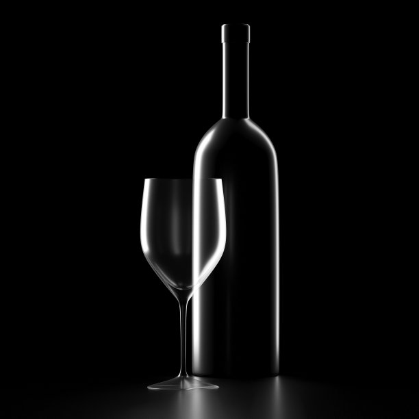 葡萄酒杯和空瓶背光在黑色背景图片下载