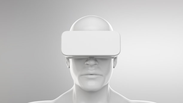 白色背景上戴着虚拟现实眼镜的男人的白色3d模型。图片下载