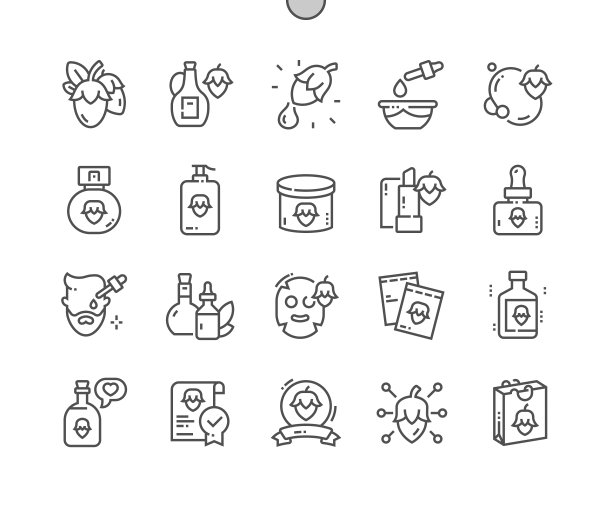 荷荷芭油产品。化妆品成分。美容商店和商店。购买，价格和产品评论。完美的像素矢量细线图标。简单的最小的象形图图片下载