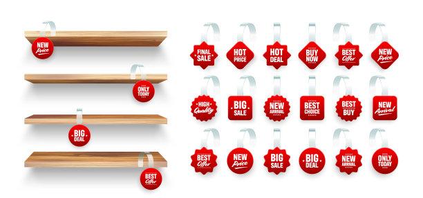 木制货架上有超市促销用的摇摆器。产品货架和广告摇摆不定。杂货店墙架。销售或折扣标签，特别报价标签。矢量图图片下载
