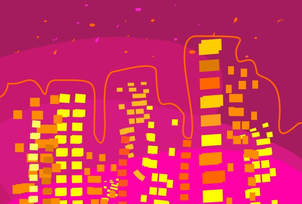 夜晚城市的全景。夜晚城市的抽象矢量插图。黑暗中窗户上的灯还亮着。紫色和深粉色。印刷墙纸，杂志，纺织品，小册子，图片下载