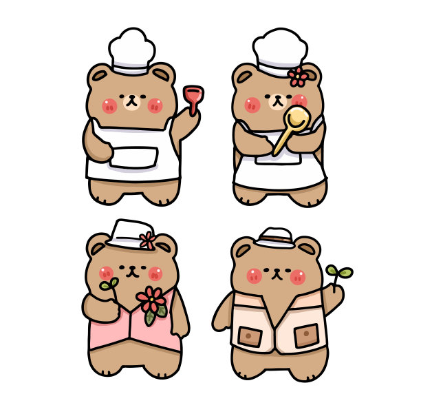 设定卡通人物可爱的熊，厨师和露营概念，平面和涂鸦插图图片下载