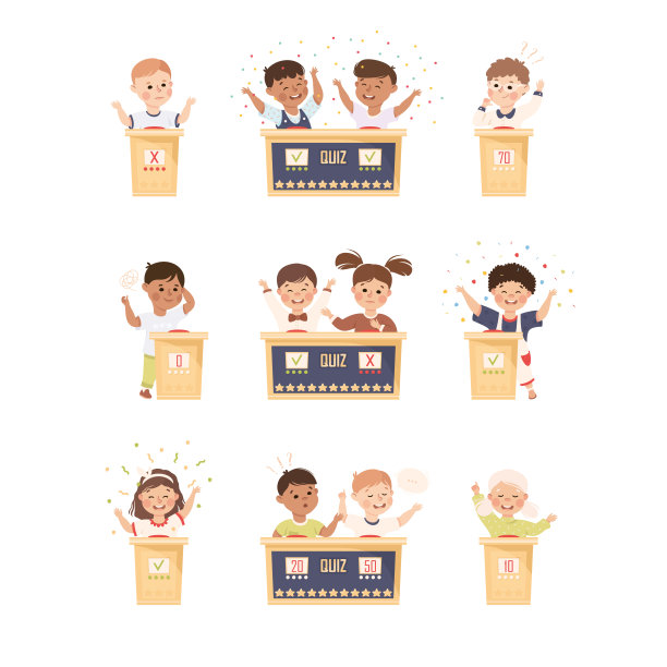 玩智力游戏或智力运动的孩子们站在按下按钮回答问题向量集图片下载