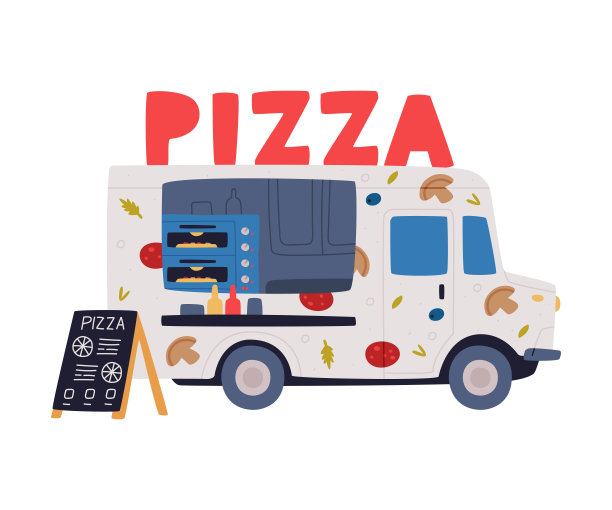 披萨餐车作为配备的机动车辆，用于烹饪和销售街头食物矢量插图图片下载