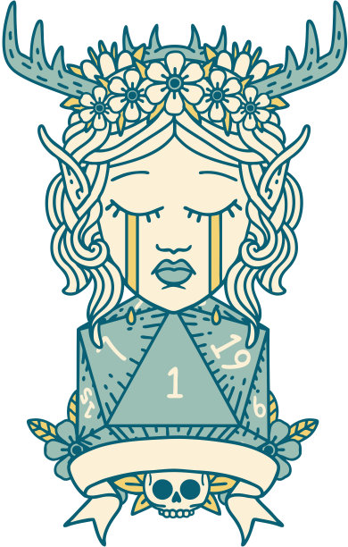 悲伤的精灵德鲁伊角色的脸与自然的一个D20卷插图图片下载