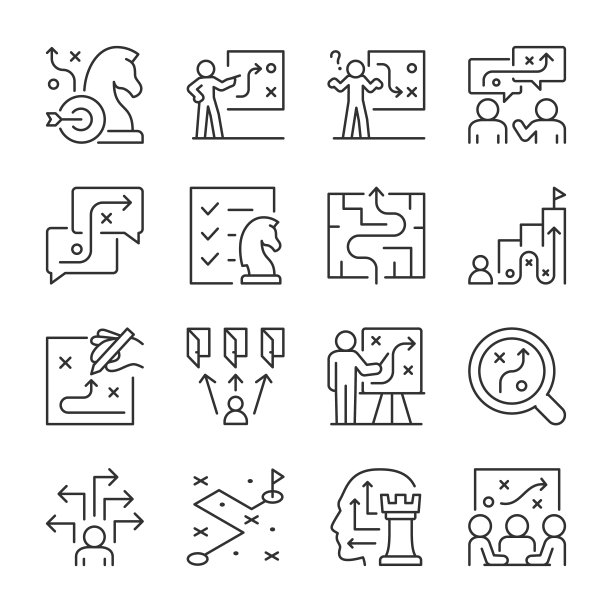 策略和规划图标集。建立一个战略，一个计划来实现预期的目标。做决策，选择最佳选项，线性图标集合。线条与可编辑的笔画图片下载