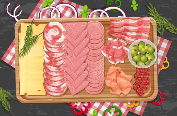 木制托盘上午餐肉的俯视图图片下载