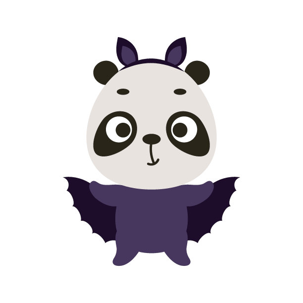 穿着蝙蝠服装的可爱的万圣节小熊猫。卡通动物角色的孩子t恤，幼儿园装饰，婴儿淋浴，贺卡，邀请，房子内部。向量股票插图图片下载