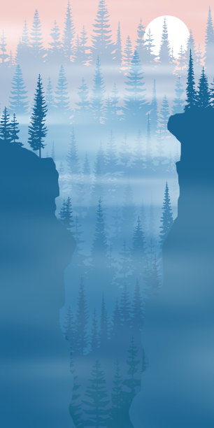 山间峡谷、峡谷，针叶林在晨雾中，垂直图片下载