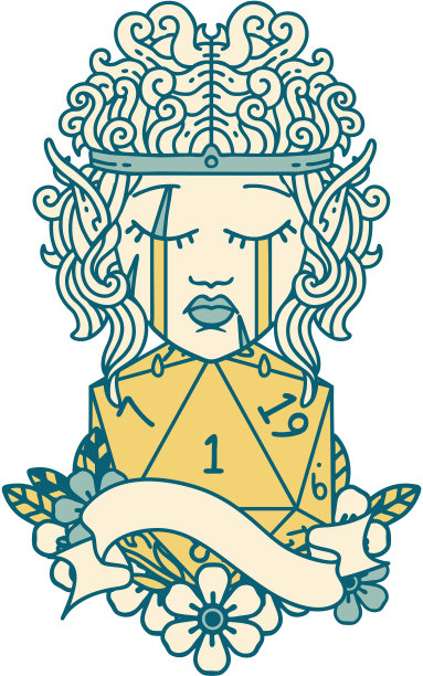 悲伤的精灵野蛮人角色的脸与自然的一个D20卷插图图片下载