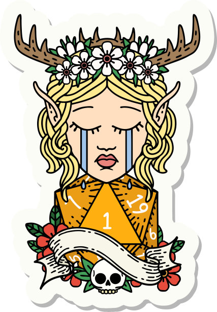 哭泣的精灵德鲁伊角色脸上有一个天然的D20骰子滚动贴纸图片下载