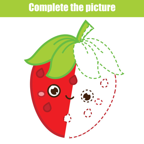 完整的图片教育儿童游戏。孩子们画工作表。适合幼儿打印的活动。画可爱的草莓图片下载