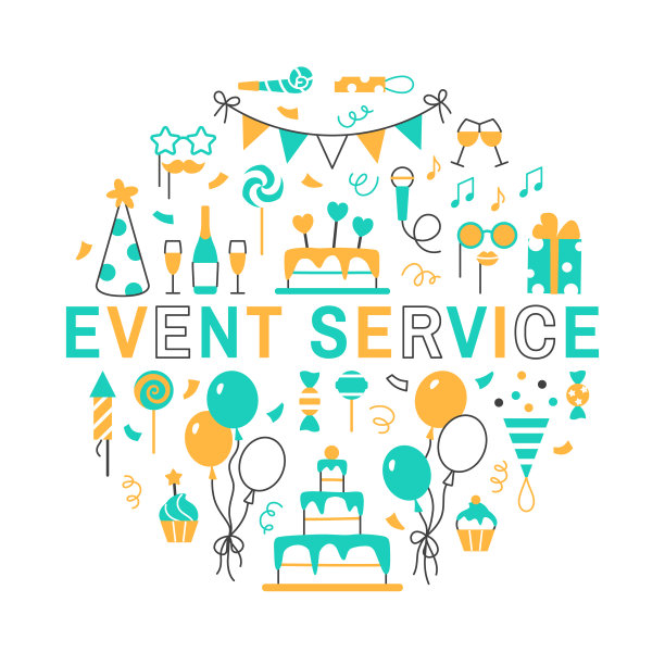 白色背景的活动服务圈概念。平线颜色生日聚会节日文本框横幅明信片设计。节日气球蛋糕松饼礼物纸屑饮料矢量插图图片下载